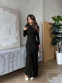 Jemour Women's Mesh Long Sleeve Round Neck Dress, Suitable For Autumn, Back To School, Teacher Outfit - Black - View 4