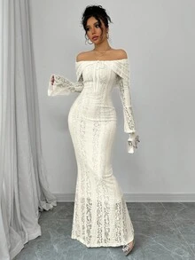 Rafferiza 白色蕾丝露肩修身中长款紧身连衣裙女装 - 杏色 - 查看 3