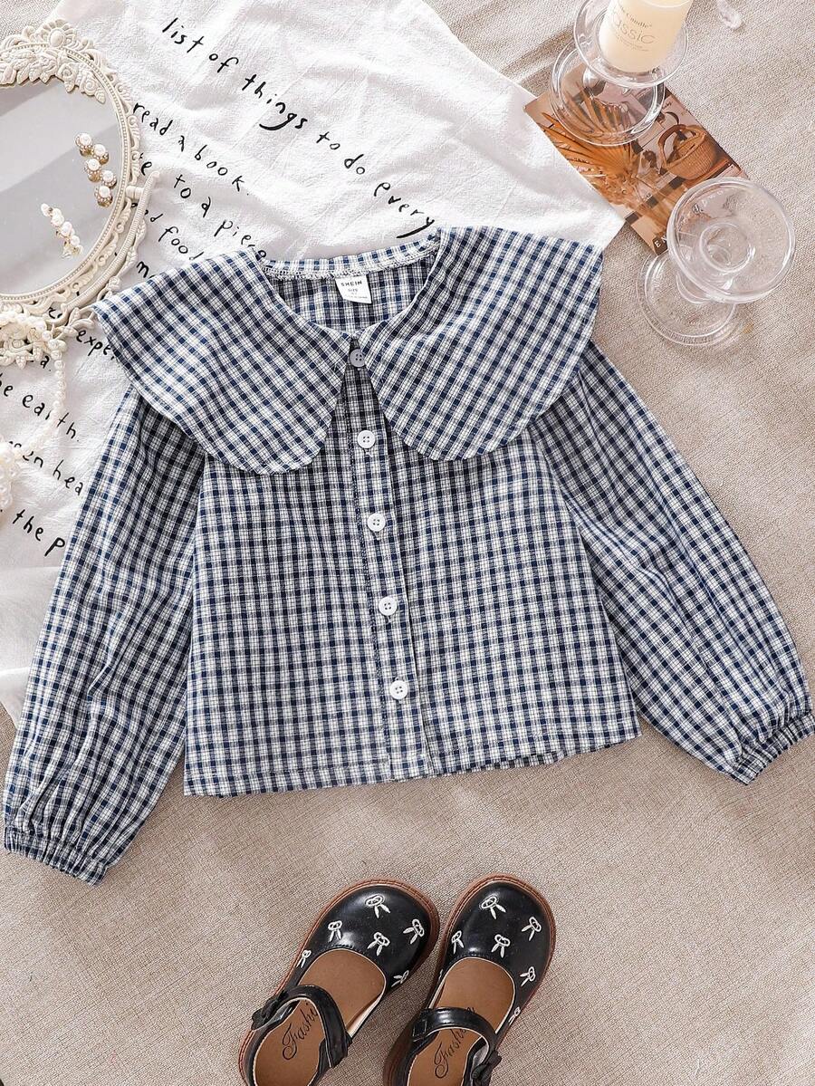 Genkimix Kids 年轻女孩可爱彼得潘领黑白格子灯笼袖衬衫 - 黑色 - 查看 1