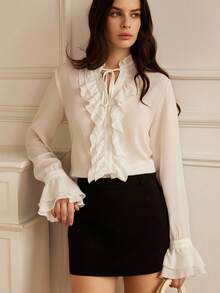 Revavyn Áo cánh nữ tay chuông cổ nhún bèo voan cao cấp thanh lịch - trắng - Xem 4