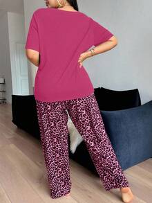 SHEIN Leopard Print Bow Decor Round Neck Short Sleeve Pajama Set - Hot Pink - View 2