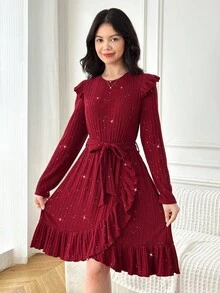 SHEIN Teen Girl Elegant Fitted Round Neck Frill Trim Long Sleeve Metallic Texture Ribbed Asymmetric Bowknot Knit Dress, Red, Suitable For Christmas And Halloween - Red - View 6