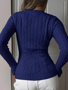 SHEIN EZwear 加大码纯色V领修身扭纹针织长袖毛衣，适合秋冬季女士蓝色毛衣蓝色V领毛衣 - 藏蓝色 - 查看 2