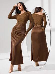 Modelyn Asymmetrical Knit Texture Patchwork Satin With Metal Buckle Elegant Dress Fall Cloth For Women - Brown - View 1