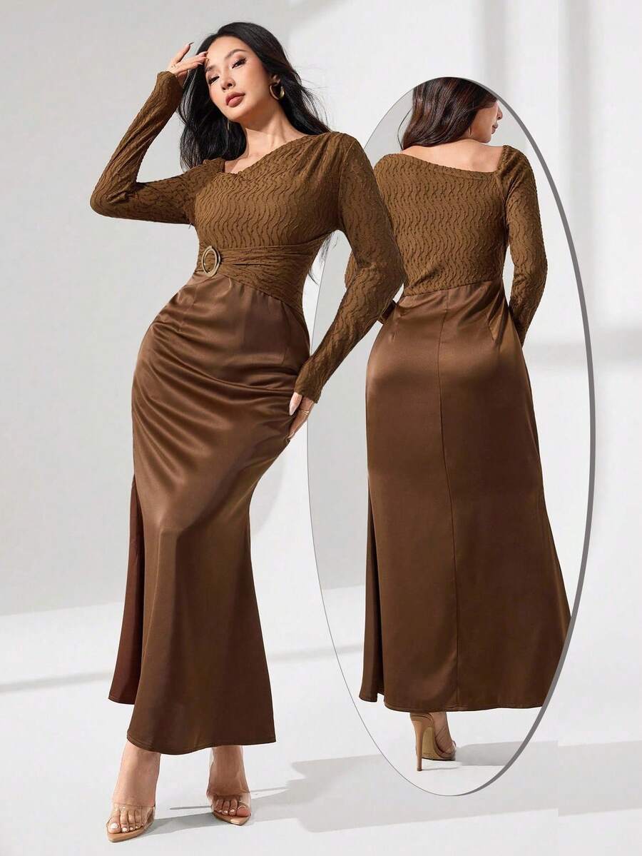 Modelyn Asymmetrical Knit Texture Patchwork Satin With Metal Buckle Elegant Dress Fall Cloth For Women - Brown - View 1