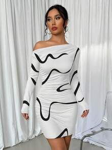 Chiquease Women's Graffiti Print Asymmetric Ruched Long Sleeve Dress Party Night White And Black Summer - White - View 6
