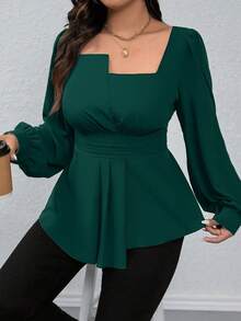 Rometta Áo sơ mi tay dài cổ vuông màu trơn viền bèo nhún cỡ lớn, thường ngày cho dịp Giáng sinh, áo peplum - Màu xanh lá cây đậm - Xem 6