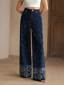 Anewsta Rose Floral Print Washed Blue Wide Leg Jeans Pants, Spring/Summer - Dark Wash - View 1