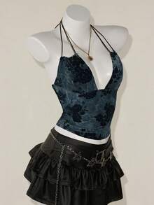 SHEIN ICON 女士复古绿色植绒提花交叉露背性感吊带背心 - 灰色 - 查看 5