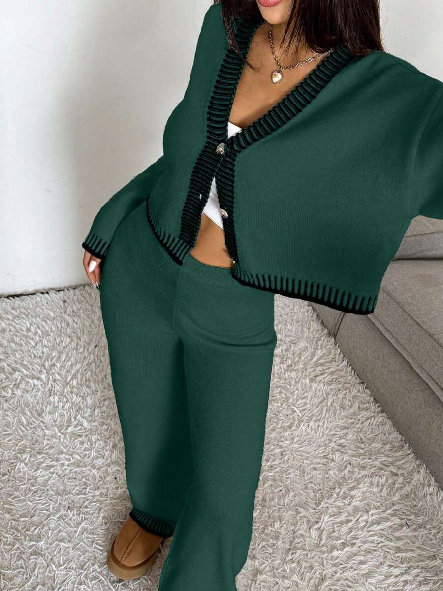 EURMUSE 2pcs Women Casual Contrast Trim Button Cardigan And Knit Pants Set, Autumn/Winter - Dark Green - View 1