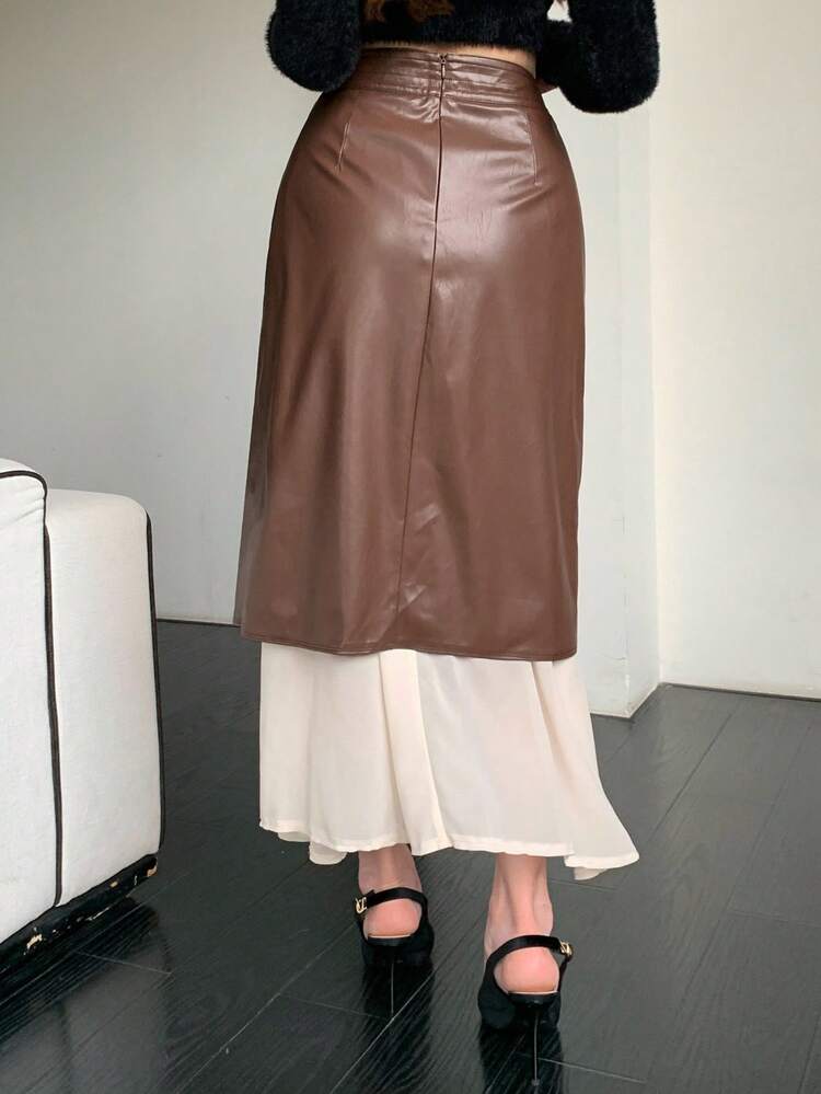 Women's Casual Colorblock PU Leather Skirt, Autumn Winter Women Skirts