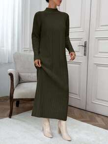 EURMUSE Damen Maxikleid mit hohem Kragen, Drop Shoulder und kuscheliger Passform - Armeegrün - Übersicht 6