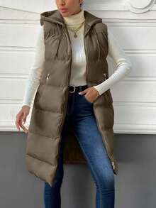 EURMUSE Women's Casual Solid Color Sleeveless Hooded Jacket, Versatile For Autumn/Winter - Mocha Brown - View 1