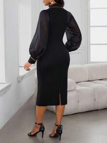 SHEIN Lady 女士优雅通勤纯色金边缀饰套装设计感气质中长连衣裙四季秋装古着连衣裙婚礼宾客礼服女士连衣裙女士优雅教师装商务休闲装女士办公室装女士演唱会装女士机场装女士 - 黑色 - 查看 2