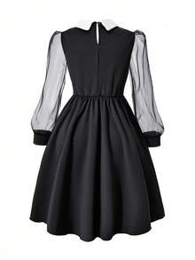 1 Stück Mädchen Langarm Kleid mit Kragen, Mesh-Einsatz und Gürtel, Schwarz, geeignet für Lässig, Schule, Halloween Anlässe - Schwarz - Übersicht 8