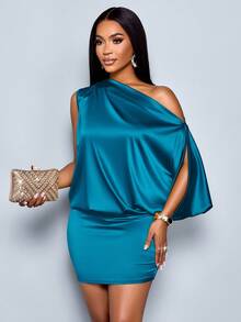 SOLERSUN Women's Elegant Asymmetric Collar Satin Bodycon Mini Dress For Women - Teal Blue - View 6