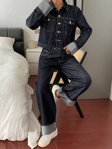 DAZY 宽松复古休闲百搭美式时尚新款牛仔夹克套装 - 藏蓝色 - 查看 6