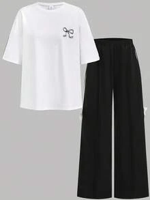SHEIN Girlism 2件套少女休闲宽松针织圆领蝴蝶结印花褶皱套头卫衣和短裤套装，适合日常穿着、返校、度假、家庭户外活动、春季野餐 - 黑與白 - 查看 14