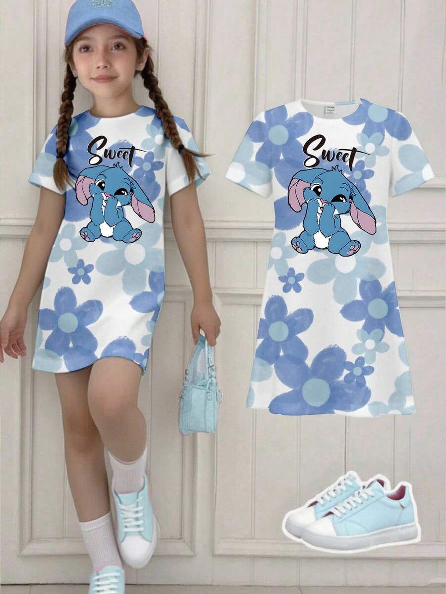 SHEIN Sparklyn Girls Casual Fashion Creative Cartoon Cute Blue Rabbit Flower Letter Slogan Print Short Sleeve T-Shirt Dress Girls Casual Printed Straight Dress Kids Clothes Girls Blue White Blue Dress For Girls - Khaki - View 1