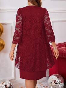 EMERY ROSE Đầm dự tiệc màu đỏ sang trọng, trang phục mùa đông cho nữ, ngày lễ tình nhân, cổ tròn tay dài, viền cong, viền ren cỡ lớn - Đỏ - Xem 2