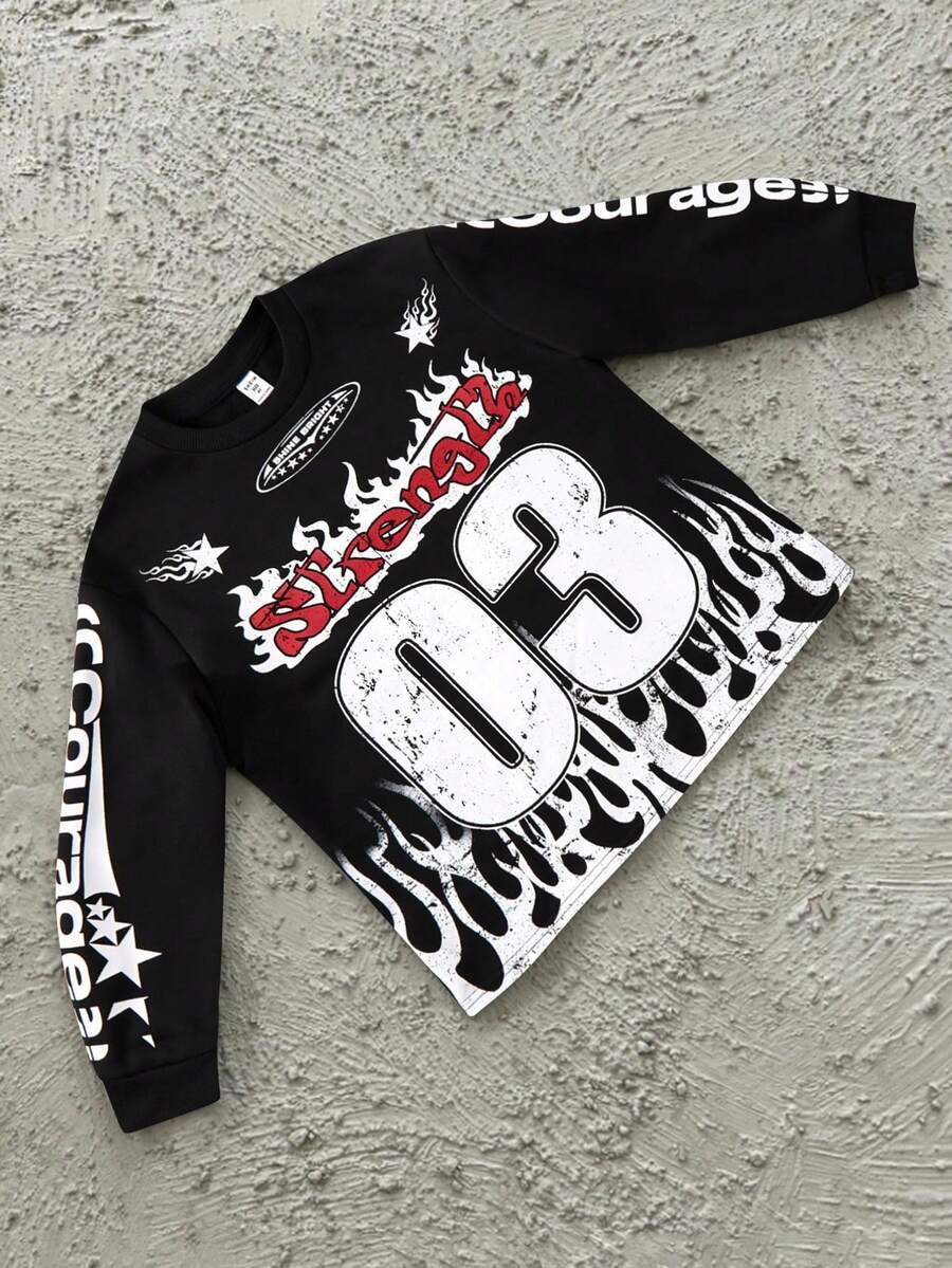 SHEIN 青少年男孩宽松休闲图案圆领运动衫 - 黑色 - 查看 1