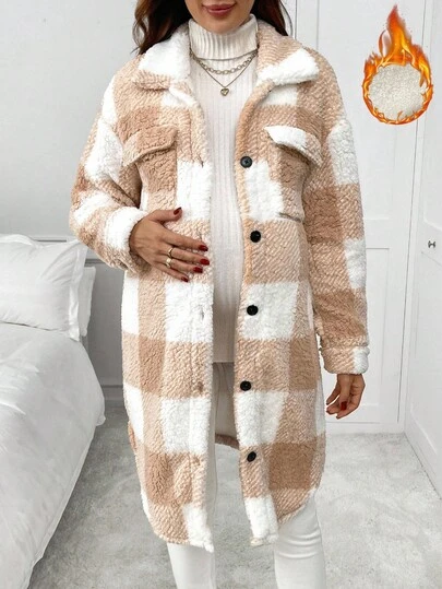 SHEIN Pregnant Women's Khaki Plaid Lapel + Pocket Button Pregnant Women's Mid-Length Jacket Autumn And Winter Coat Thermal Lined To Keep Warm   Fall Clothes For Women  Women's Winter Jacket   Warm And Flannel Winter Clothes