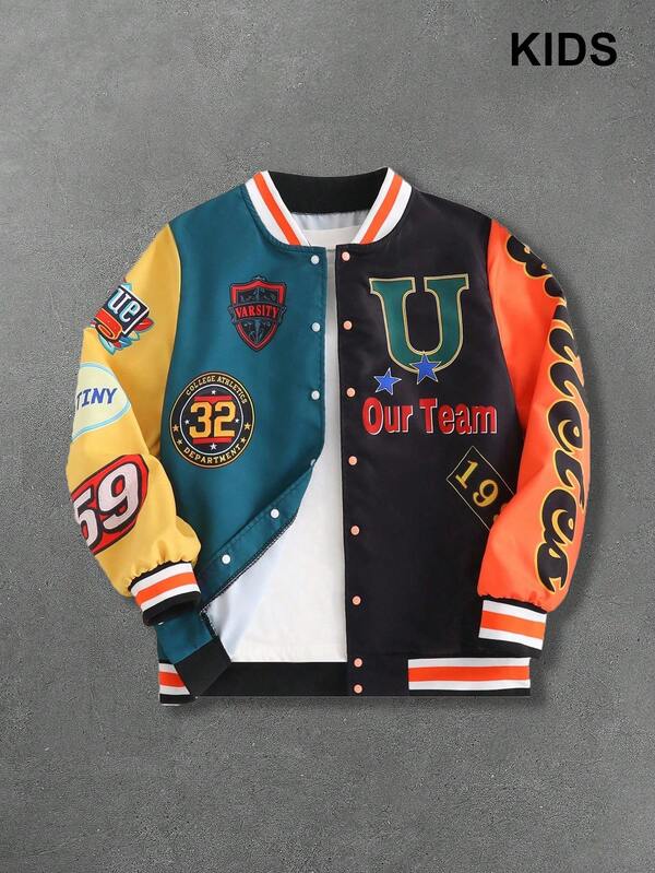 PAVTROS 1 szt. Kurtka młodzieżowa w kontrastowym kolorze, casualowa, patchworkowa, z nadrukiem, odpowiednia do noszenia na ulicy