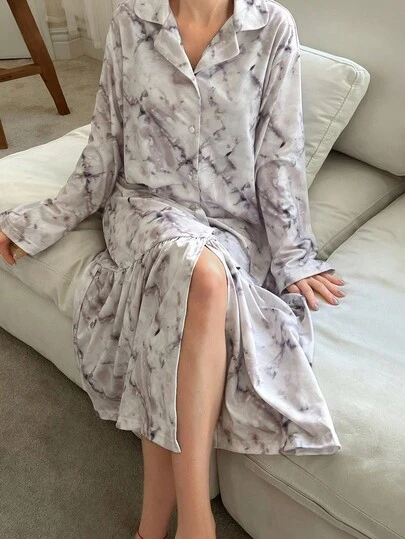 DAZY 扎染图案全身印花宽松女士睡袍，秋季睡衣