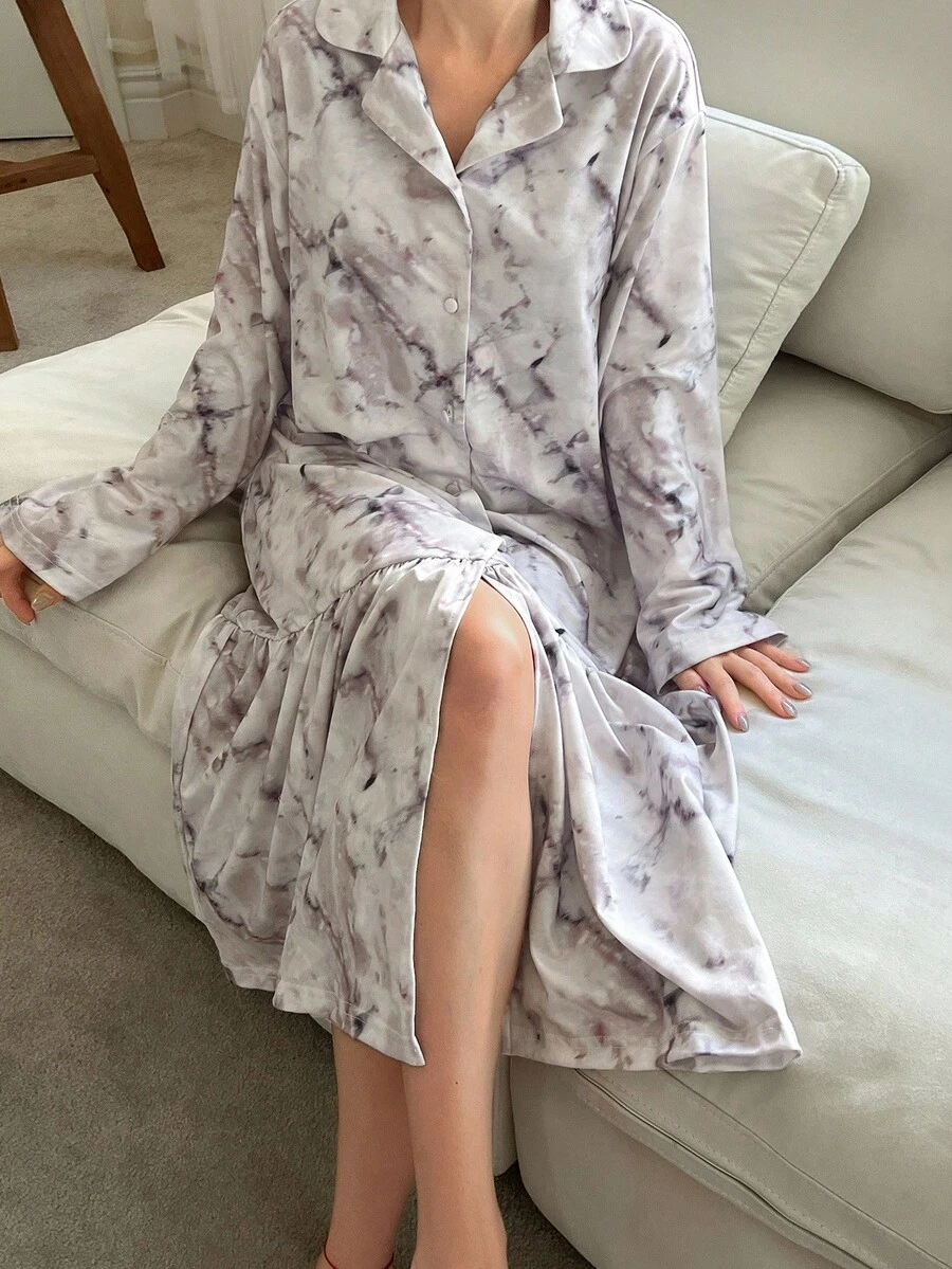 扎染图案全身印花宽松女士睡袍，秋季睡衣 - 淺灰紫 - 查看 1