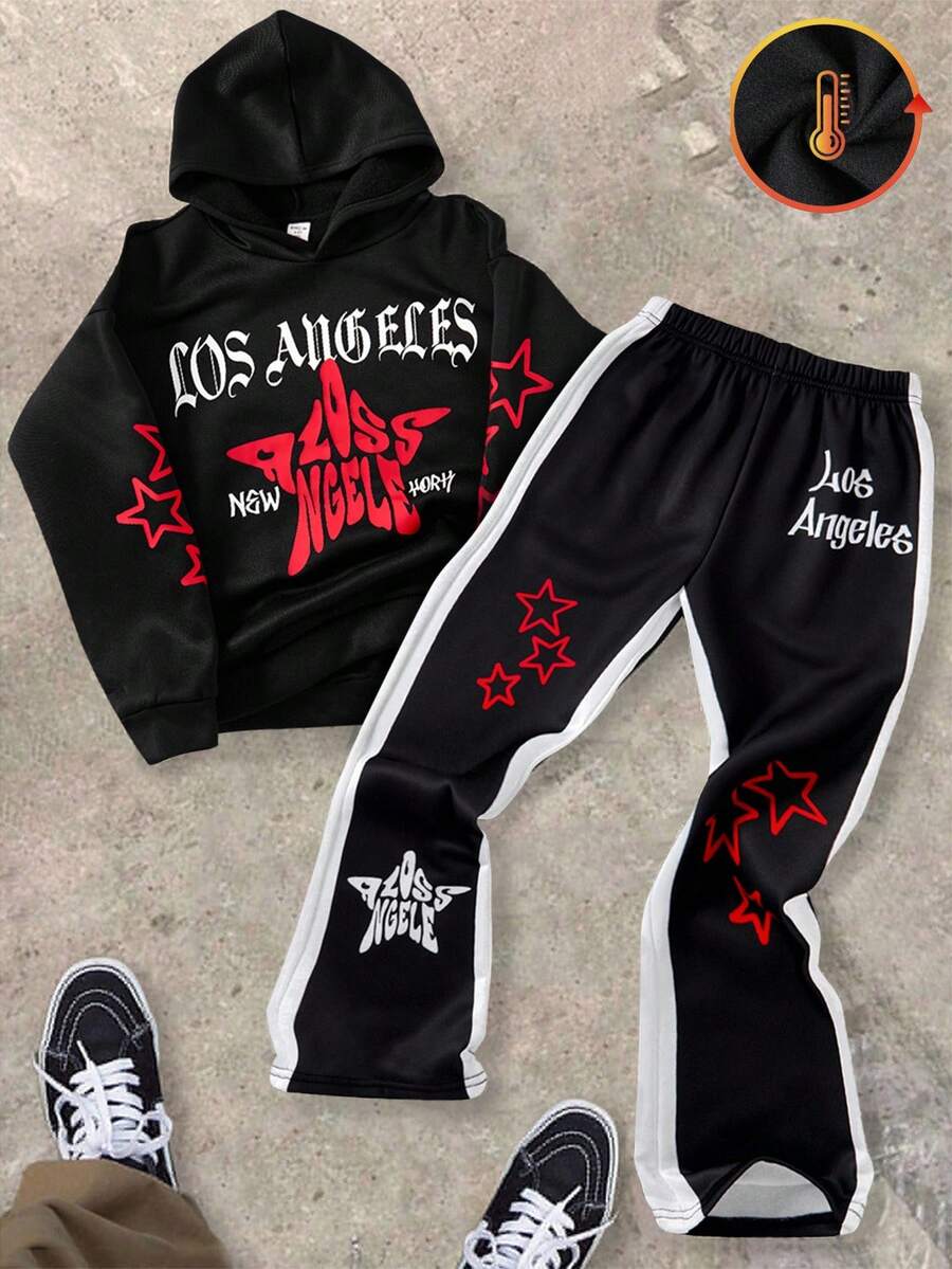 Bộ 2 bộ quần áo thể thao thường ngày màu đen có mũ trùm đầu cho bé trai tuổi mới lớn có họa tiết graffiti và quần ống loe chắp vá, phù hợp cho trang phục trẻ em, bộ quần áo bé trai mới biết đi trở lại trường, phù hợp cho tiệc sinh nhật, tiệc tối, biểu diễn, đám cưới, lễ rửa tội, lễ khai mạc, hàng ngày, phù hợp để sử dụng hàng ngày, phù hợp để đi học, phù hợp để đi du lịch, phù hợp để chơi thể thao, phù hợp cho mùa thu và mùa đông - màu đen - Xem 1