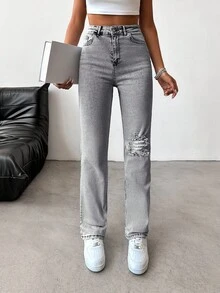 RueChic 98%Cotton High Waist Ripped Straight Leg Jeans - Grey - View 4