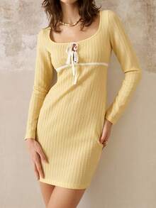 Cévolie Pale Yellow Square Neck Tie Waist Long Sleeve Dress Fall Cloth For Women - Yellow - View 5
