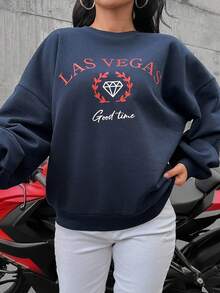 EURMUSE Sudadera con estampado de letra de hombros caídos - Azul Marino - Ver 4