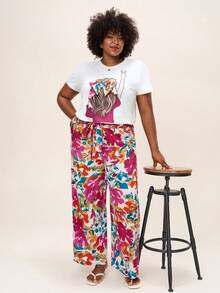 Comfylo Plus Size 2pcs Short Sleeve Bow Decor T-Shirt With Colorblock And Elastic Waist Loose-Fit Straight-Leg Allover Print Pants, For Summer,Holiday Outfits Boho Fall Clothes For Women Fall Outfits Women