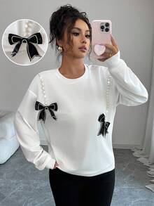 Elenzga Women's White Casual/Commute Bowknot Faux Pearl Decor Long Sleeve Sweatshirt, Autumn Fall Cloth For Women
