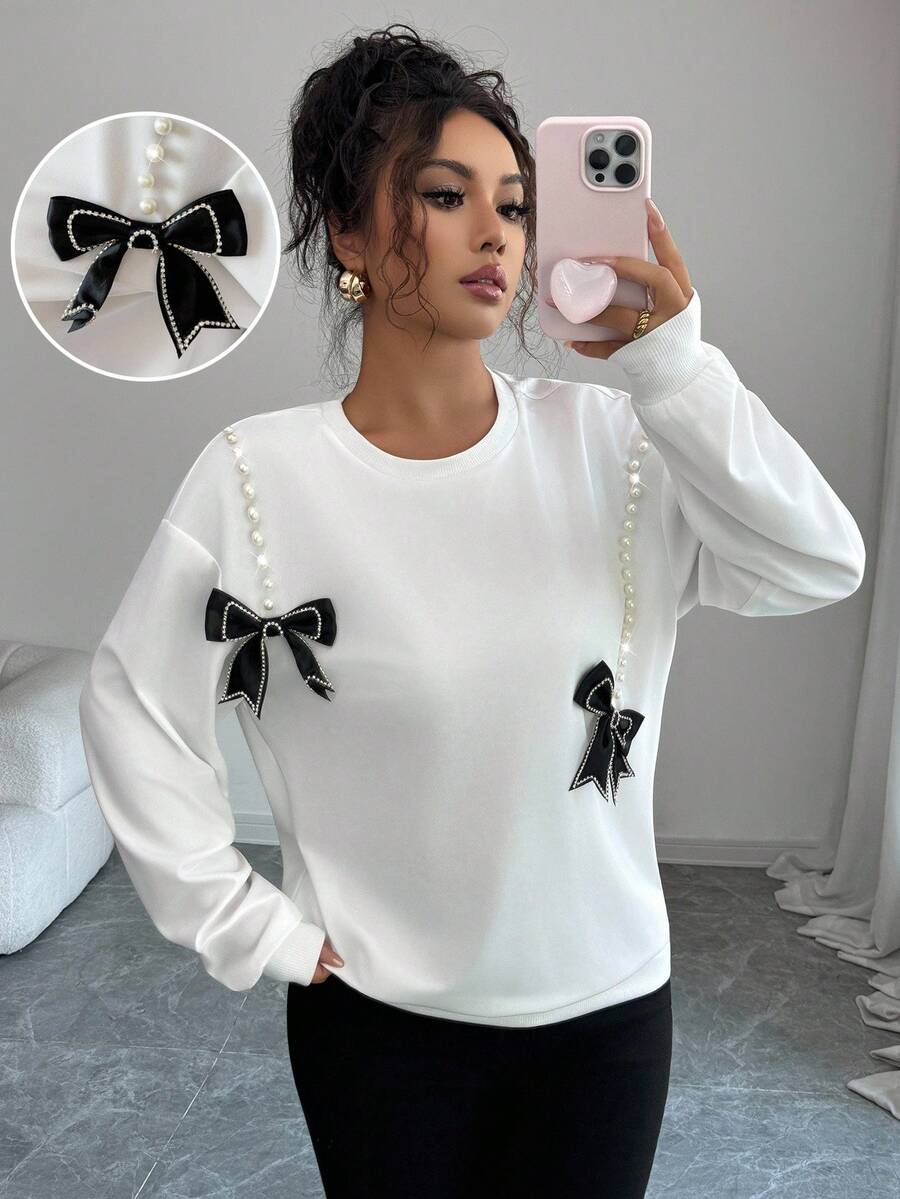 Elenzga Women's White Casual/Commute Bowknot Faux Pearl Decor Long Sleeve Sweatshirt, Autumn Fall Cloth For Women