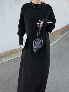 FRIFUL 女式黑色纯色宽松中长连衣裙，高领，落肩，长袖，仿珍珠装饰袖口，休闲百搭，秋季毛衣裙 - 黑色 - 查看 6