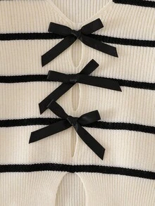 2025 Autumn/Winter New Stylish Girls Sweaters, V-Neck Bowknot Striped Long Sleeve Loose Knitted Pullover Sweater, Versatile & Elegant Design, Suitable For Daily Wear, Outings And Travels In Autumn/Winter Fall - Apricot - View 6