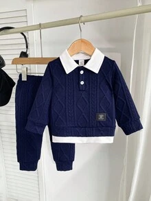 SHEIN Playful Pals 2pcs Infant/Baby Boys Casual Collegiate Style Solid Color Patchwork Polo Collar Long Sleeve Top And Solid Color Pants Set, Infant Clothing, 6M-3T Navy Blue Baby Boy Clothes Baby Boy Navy Outfit Set Infant Boy Outfit Baby Boy Outfit Set Baby Boy Clothes Boys Outfit Sets Boys Parties Sets Baby Boy Winter Outfit Baby Boy Two Pieces Cable Knit Set Fall