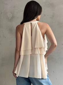 Firerie Lös, volangrik asymmetrisk chiffongbody med halterneck för kvinnor - Aprikos - Visa 6