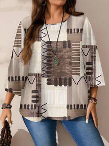 SHEIN CURVE+ Casual Minimalist All-Over Print Plus Size Plus Size Shirt Chic Blouses For Women/Autumn /Winter - Multicolor - View 4