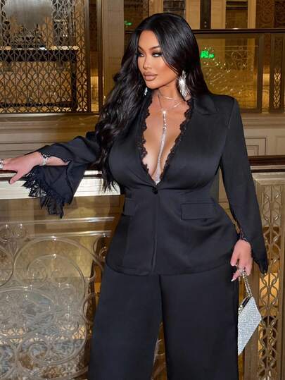 NU&NOW 大码女式两件套：蕾丝拼布长袖开衩仿口袋西装外套 + 休闲性感开衩裤