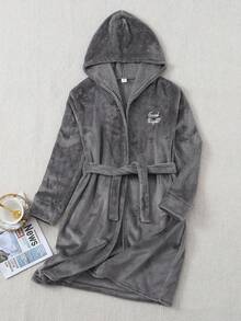 男童灰色字母刺绣阻燃长袖连帽羊毛浴袍家居服 - 深灰色 - 查看 1