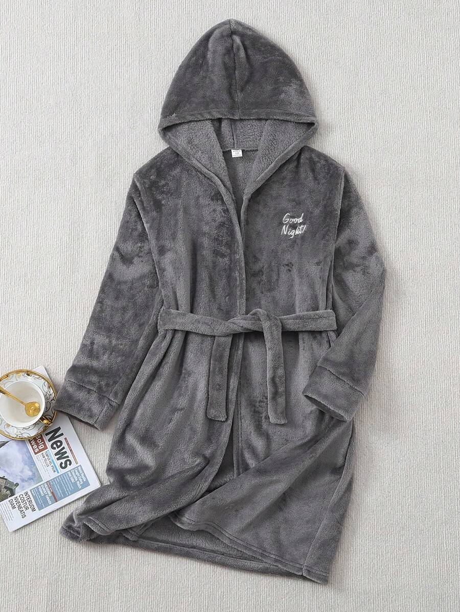 男童灰色字母刺绣阻燃长袖连帽羊毛浴袍家居服 - 深灰色 - 查看 1