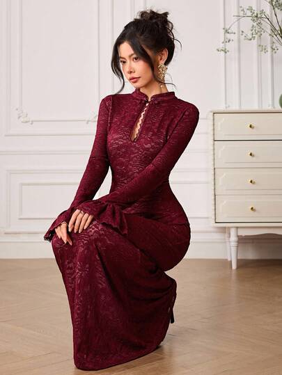 EastFlair Women's Button Decor Floral Lace Flare Sleeve Fitted Dress, Elegant Chinese Style Cheongsam Burgundy Lace Dress Party Dress For Wedding Guest Vintage Elegant Dress,Wedding Guest Dress Women