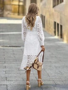 SHEIN Clasi Vestido de encaje elegante y romántico con mangas abullonadas hasta la pantorrilla, vestido de San Valentín, ropa de otoño para mujeres, vestidos de otoño para mujeres, ropa de otoño para mujeres, vestidos de otoño para mujeres, vestido de invitada de boda elegante, vestidos elegantes para mujeres, vestido de invitada de boda elegante, ropa de otoño para mujeres, vestidos elegantes para mujeres, vestidos blancos elegantes, atuendos elegantes y clásicos para mujeres, vestidos de otoño para mujeres, vestido de invitada de boda de otoño - Blanco - Ver 2