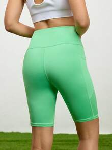 Cheerettes Quần short thể thao liền mạch cạp cao màu trơn dành cho nữ, quần short biker - màu xanh lá - Xem 2