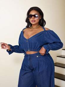 Slaydiva Plus Size Women's Button Front Crop Denim Top, Casual Fairycore Cowgirl For Summer Vacation - Dark Wash - View 4