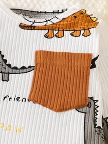 SHEIN 新生男宝宝白坑图案卡通恐龙图案印花拼接绿口袋长袖上衣配绿裤两件套可爱休闲运动时尚新款 - 棕色 - 查看 6