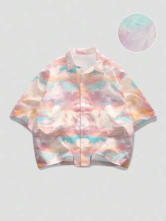 Street Life Camicia a maniche corte con stampa a nuvole, adatta per le vacanze estive degli uomini